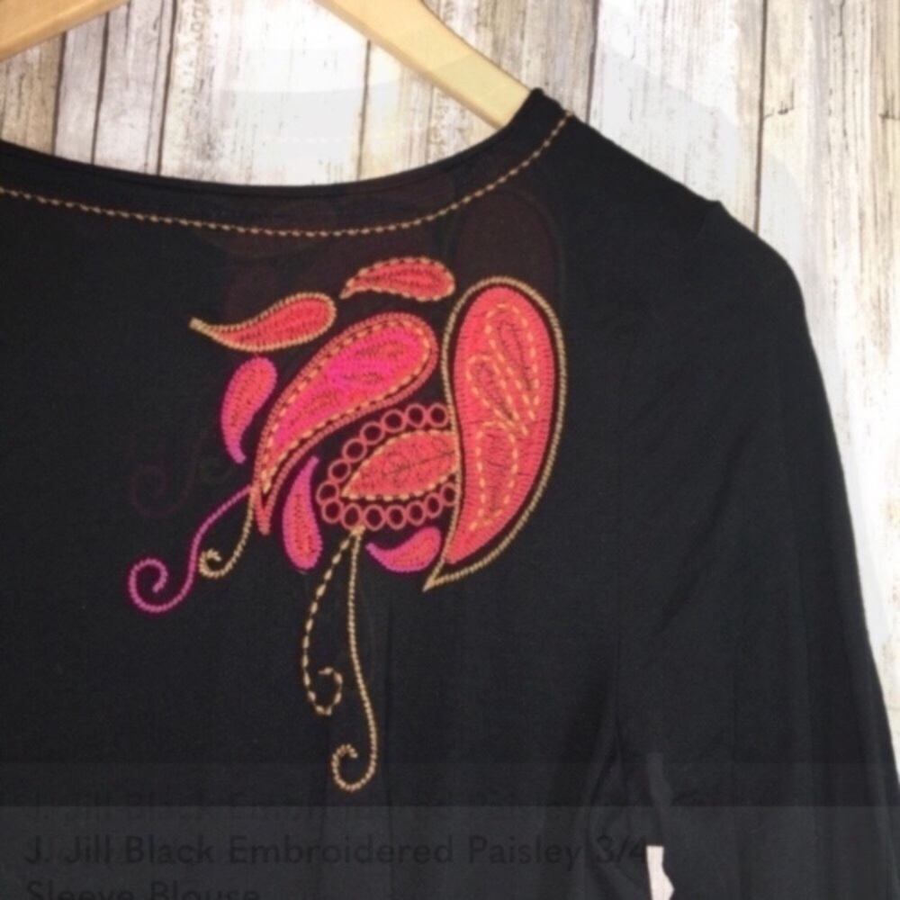 J. Jill Black Embroidered Paisley 3/4 Sleeve Blouse - Picture 6 of 6